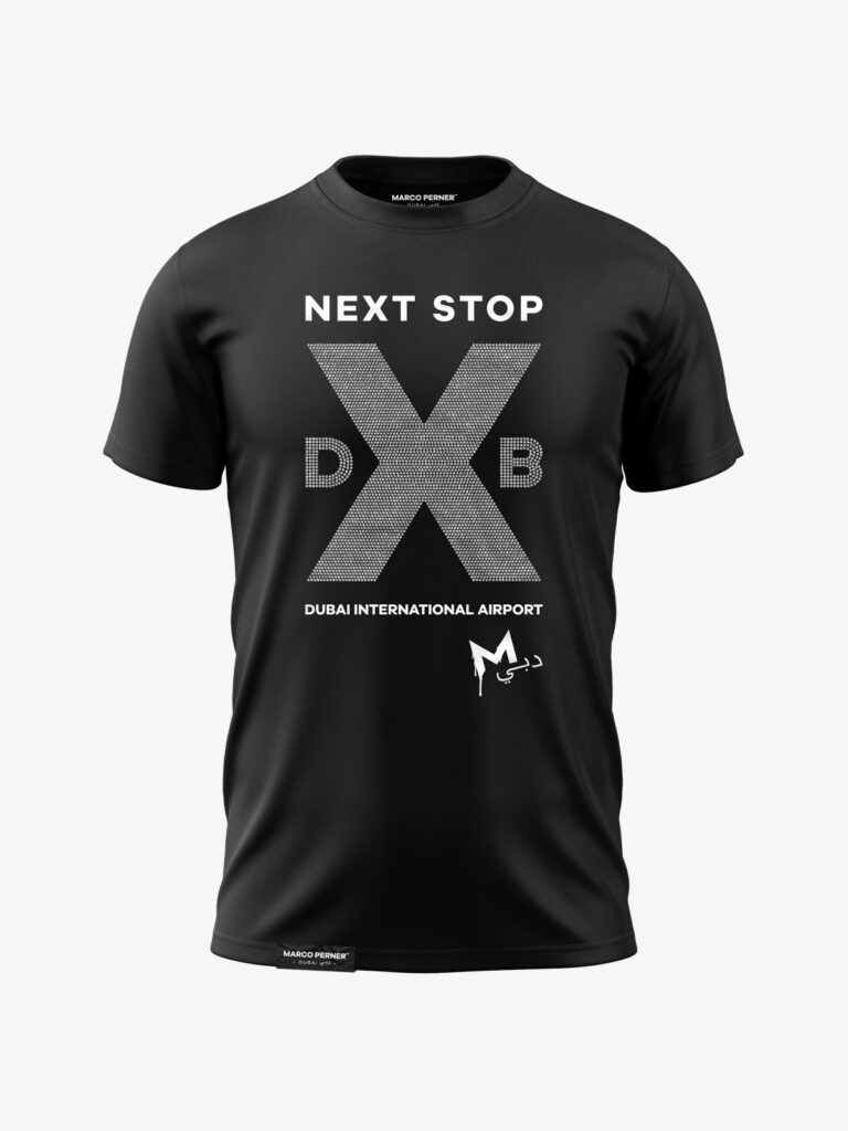MARCO PERNER™ Dubai Black Men T-Shirt featuring DXB in silver rhinestones and the text "Next stop Dubai International Airport."