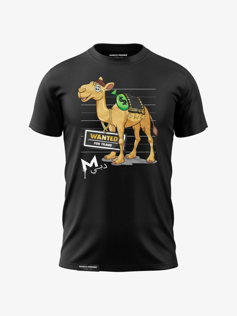 MARCO PERNER™ Dubai Black Men T-Shirt featuring a cartoon camel with a money bag, dollar signs, and a "Wanted for Fraud" sign.