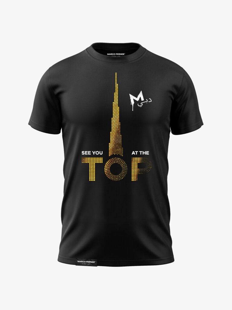 MARCO PERNER™ Dubai Black Men T-Shirt featuring the Burj Khalifa in Gold Rhinestones and the text "See you at the top."