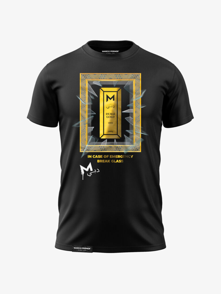 MARCO PERNER™ Dubai Black Men T-Shirt featuring The Frame Dubai with a gold foil bar and the text "In Emergency break Glass."