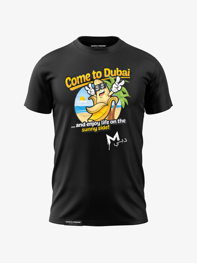 MARCO PERNER™ Dubai Black Men T-Shirt featuring the text "Come to Dubai and enjoy life on the sunny side" and a banana cartoon mascot with dollar signs.