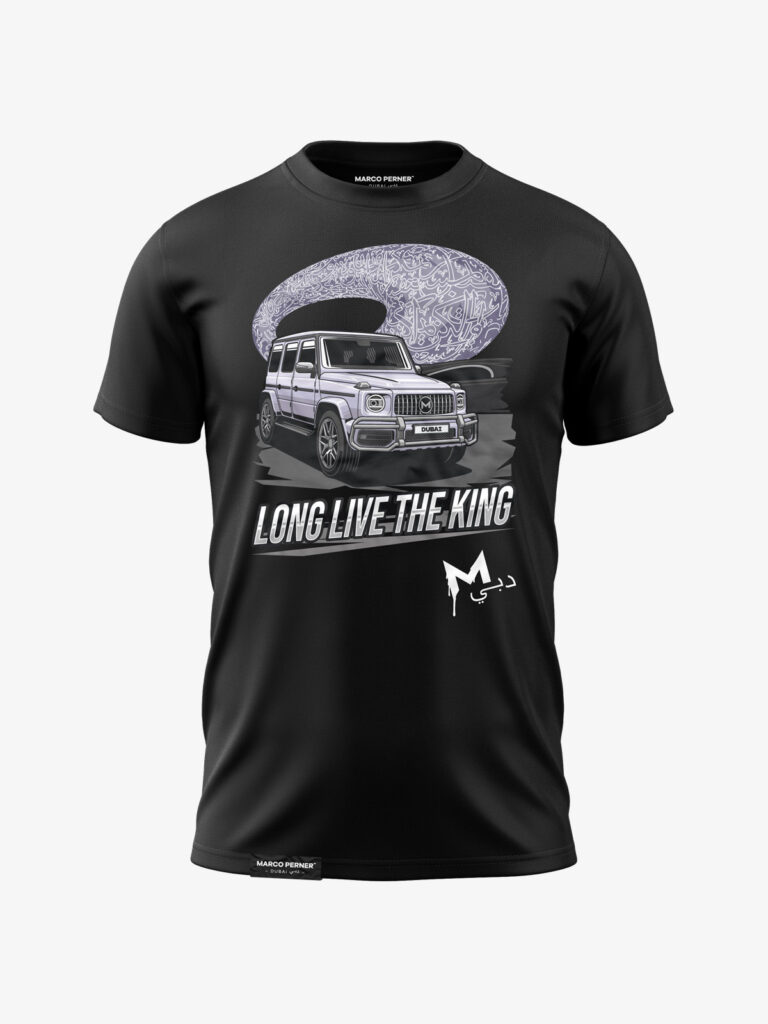 MARCO PERNER™ Dubai Black Men T-Shirt featuring Dubai's leader's Mercedes G-Wagon with Museum Of The Future and the text "Long live the king."