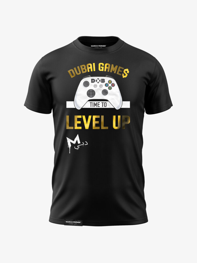 MARCO PERNER™ Dubai Black Men T-Shirt featuring an Xbox Series X controller with DXB and dollar signs, and the text "Dubai Games - Time to level up."