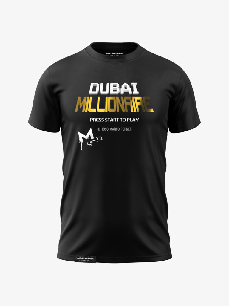 MARCO PERNER™ Dubai Black Men T-Shirt featuring "Dubai Millionaire - Press Start to Play" in gold.
