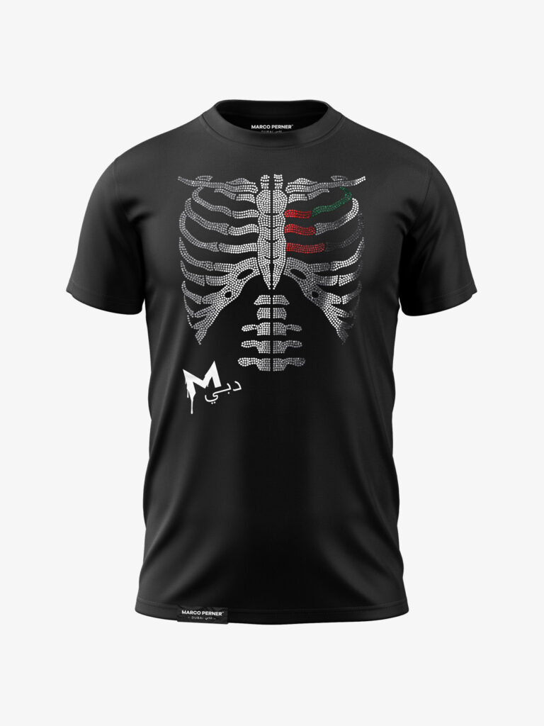 MARCO PERNER™ Dubai Black Men T-Shirt featuring a Skeleton with UAE Flag in rhinestones.