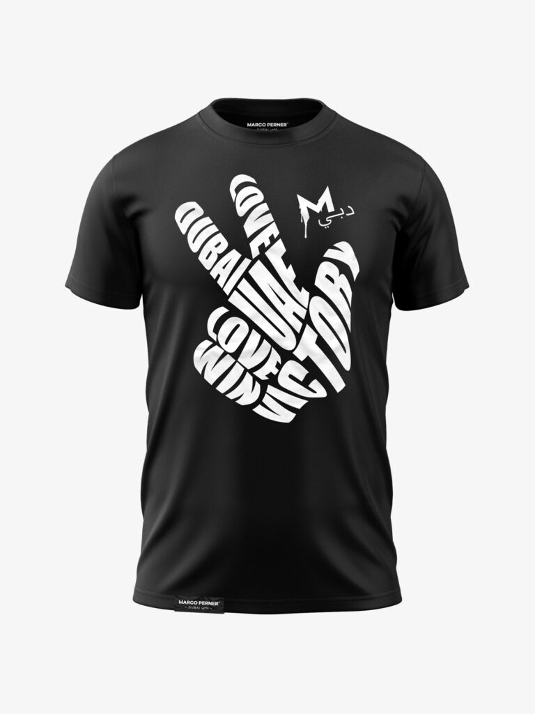 MARCO PERNER™ Dubai Black T-Shirt Men Three Finger Salute featuring a symbolic design inspired by Dubai's iconic gesture of love, win, and victory.