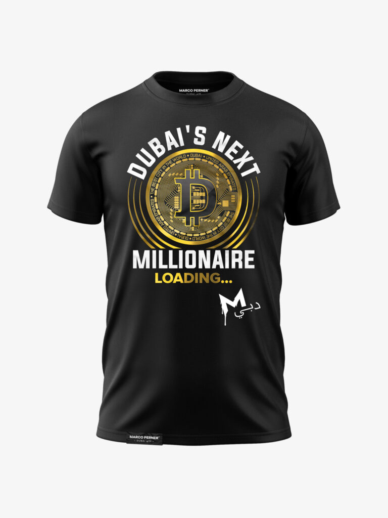 MARCO PERNER™ Dubai Black Men T-Shirt featuring "Dubai's next Millionaire" with a crypto and bitcoin theme.