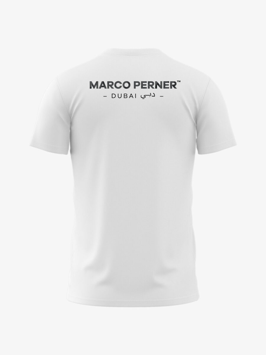 MARCO PERNER™ Dubai logo on the back of White T-Shirt Men.
