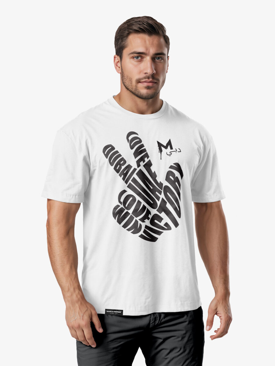 MARCO PERNER™ Dubai White T-Shirt Men Three Finger Salute featuring a symbolic design inspired by Dubai's iconic gesture of love, win, and victory.