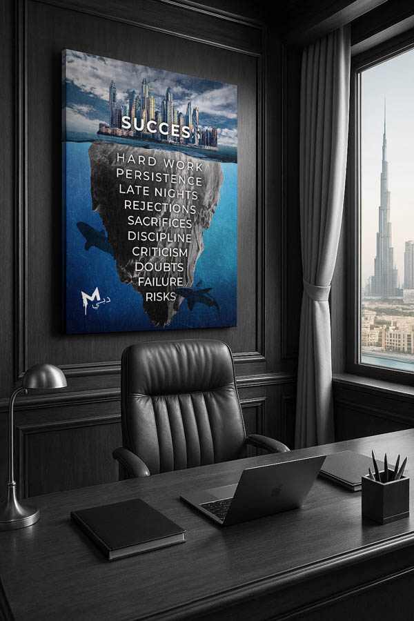 MARCO PERNER™ Dubai Canvas Wall Art showcasing the "Success Iceberg" concept with Burj Khalifa in the background.