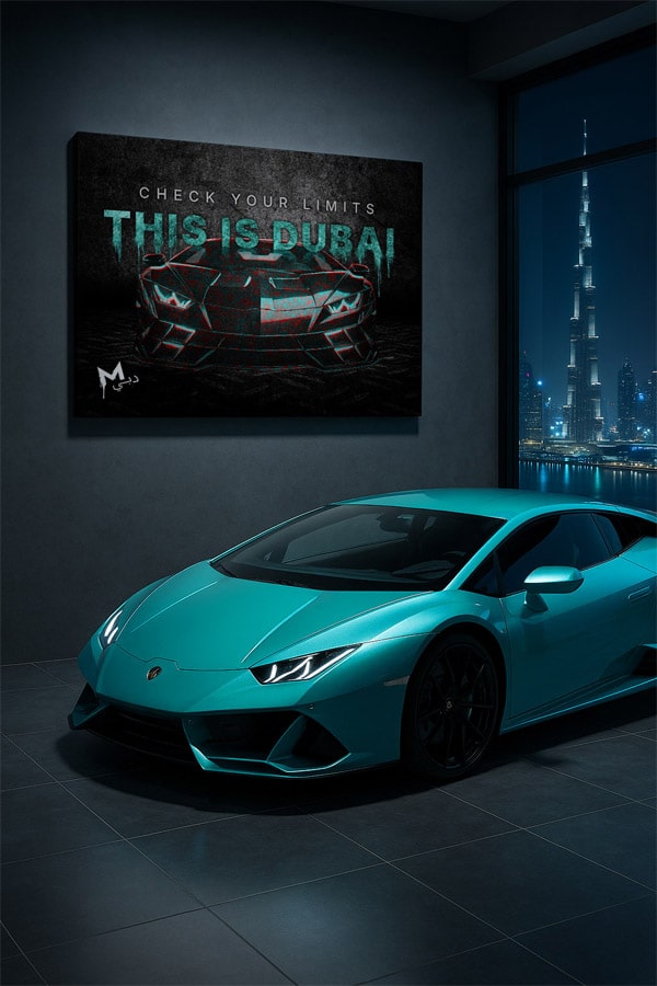 MARCO PERNER™ Dubai This is Dubai Lambo Huracan Canvas Wall Art next to Lamborghini Aventador